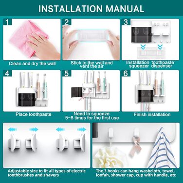 Automatic Toothpaste Dispenser, DENSAIL Toothbrush Holder for Wall Mounting with Dust-Proof Cover and 2 Toothpaste Dispensers, 2 Electric Toothbrush Holders, and 4 Toothbrush Organizer Slots