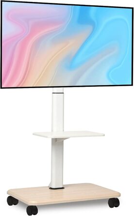 Мобільний ТВ-стіл Hellsehen для LED/LCD/OLED телевізорів 32-70 дюймів (до 45 кг), білий, з регулюванням висоти та блокованими колесами