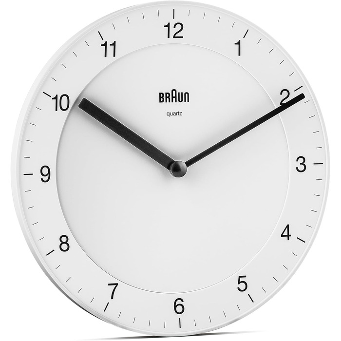 Braun Classic analog wall clock with a quiet quartz movement, easy-to-read dial with a 20 cm diameter in white, model BC06W.