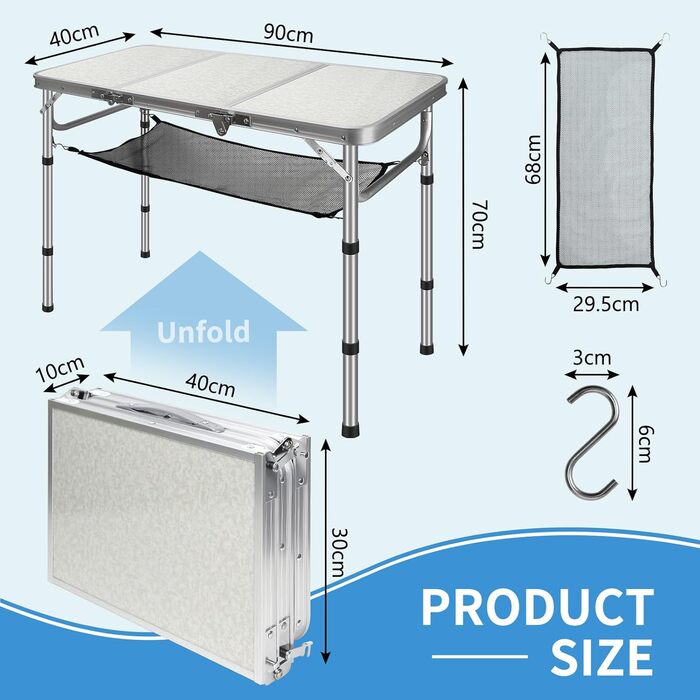 Складаний туристичний стіл CPROSP 90x40 см, регульована висота 26-70 см, срібний