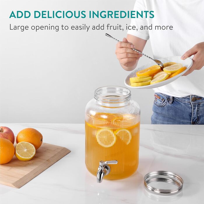 Navaris Drink Dispenser with Tap - Punch Bowl with Lid - Glass Drink Dispenser with Tap - Glass Water Dispenser - Lemonade Dispenser - Juice Dispenser - 4 Liters