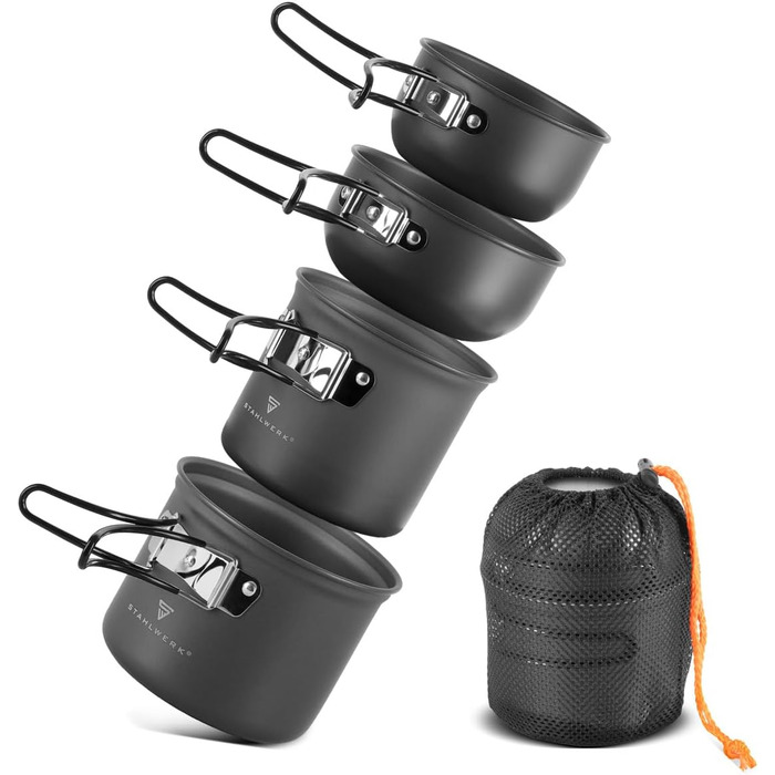 Набір посуду для кемпінгу STAHLWERK 4-х частинний з алюмінію з антипригарним покриттям, Outdoor посуд, набір каструль та кришок