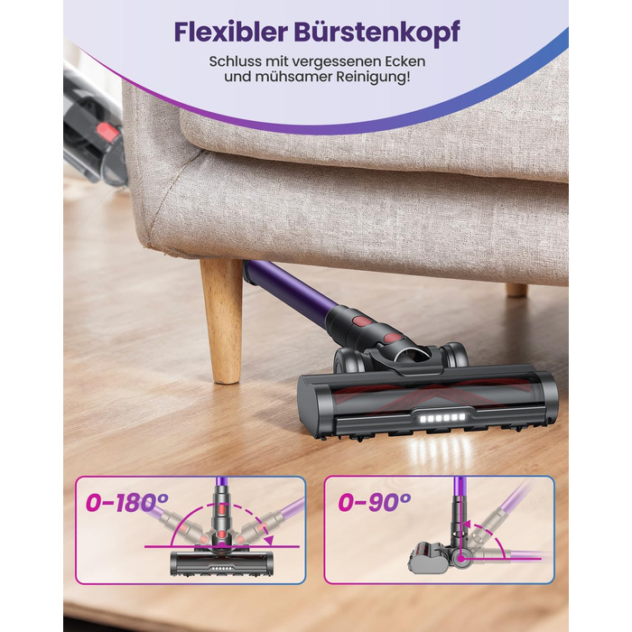 Бездротовий акумуляторний пилосос з 2 акумуляторами, 150 хв роботи, 55000 Па, 600 Вт, об'єм 2.0 л, з дисплеєм, антизаплутана щітка, самостійна парковка, настінна зарядка, 11-шарова фільтрація для шерсті тварин, килимів та твердих поверхонь