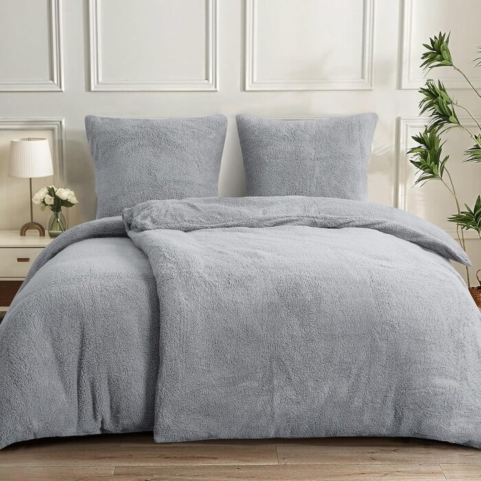Aisbo Warm Bedding 135x200 4-Piece - Fluffy Teddy Fleece Winter Bedding 135 x 200, Plush Bedding Sets 135x200cm Duvet Cover with Zipper Closure Winter Grey