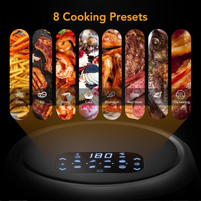 Hot Air Fryer, XXL Hot Air Fryer Oil-Free 8L 1800W, Air Fryer with Recipe Book in German, 8 Programs, Adjustable Temperature Control Acekool Gray
