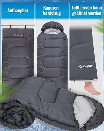 Сплячий мішок KingCamp Oasis, 3 сезони, теплий, зручний, легкий, з капюшоном, 220x75 см, для кемпінгу та піших прогулянок (сірий)