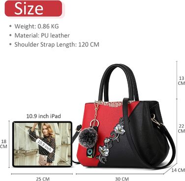 Сумка жіноча DIRRONA велика – сумка через плече та шопер з квітковою вишивкою та помпонами, червоний (Juwelenrot) для роботи, відпочинку, подорожей, вечірок та весіль