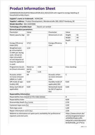HOMCOM Міні сушарка для білизни 3 кг з дезінфекцією, 6 програм, 1000W, сенсорний дисплей, чорна