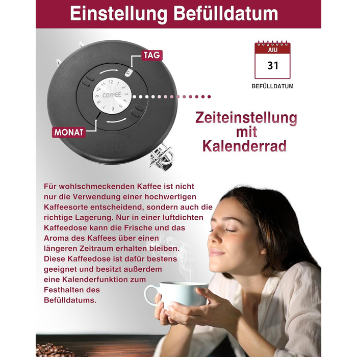 Контейнер для кави 500г з нержавіючої сталі з дозатором та календарем, 1,5л, стильна упаковка