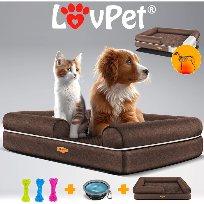 Ортопедичне ліжко для собак Lovpet® з подушкою та мискою, 3 іграшки, для малих, середніх та великих собак, знімний та пральний чохол, 91x71x22 см