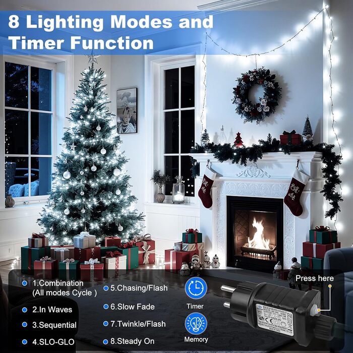 LED гірлянда 20 метрів, 1000 LED, для декору саду, балкону, весілля. 8 режимів, таймер, водонепроникність.