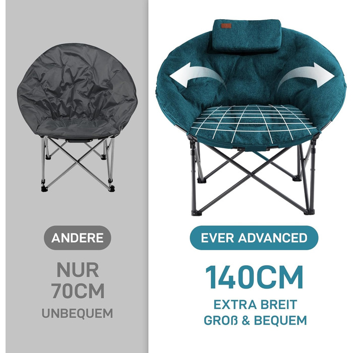 Крісло-місяць EVER ADVANCED Luxus XXL для кемпінгу, складне, до 150 кг, зелене. З подушкою, для саду, балкону, приміщення.