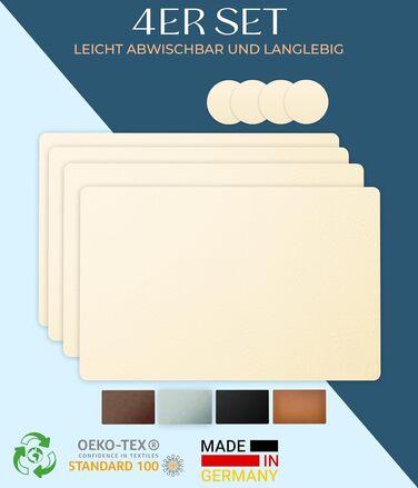 Washable Table Placemats 4-Piece Set – Sustainable, Stable & Non-Slip – High-Quality Recycled Leather, Made in Germany (Beige)