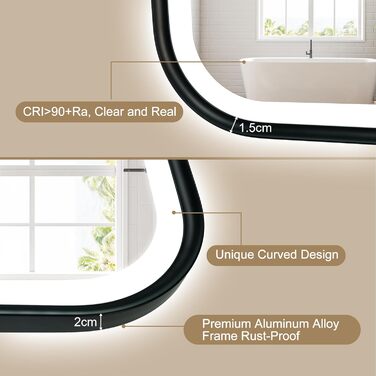 Дзеркало для ванної кімнати S'bagno з підсвічуванням 100x70 см, з алюмінієвою рамою, антизапарююче, 3000-6500K, функція пам'яті, IP44, горизонтальне/вертикальне, чорний колір, M99 (без Bluetooth)