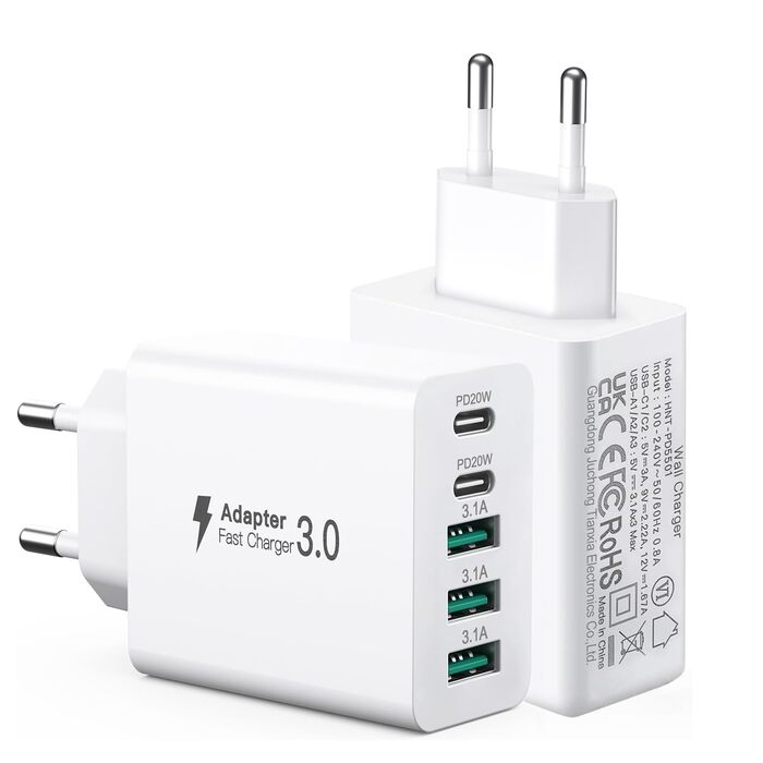 Зарядний пристрій USB-C 50W, 5 портів (2 USB-C + 3 USB-A) з Fast Charge PD 3.0 для iPhone, Samsung, телефонів, планшетів - 2 шт.