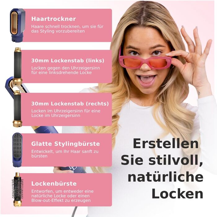 Набір фена-щітки 5 в 1 для волосся, 1000 Вт, швидке сушіння, створення локонів, захист від пошкодження, білий/морський