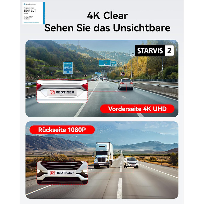 Відеореєстратор REDTIGER 4K/2.5K з двома камерами, STARVIS 2, IPS 3.18