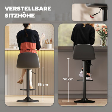 HOMCOM Set of 2 Adjustable Height Swivel Bar Stools - Rotating Bar Chair Counter Stool with Backrest and Footrest, Non-Slip Stool, Faux Leather, Black | Aosom