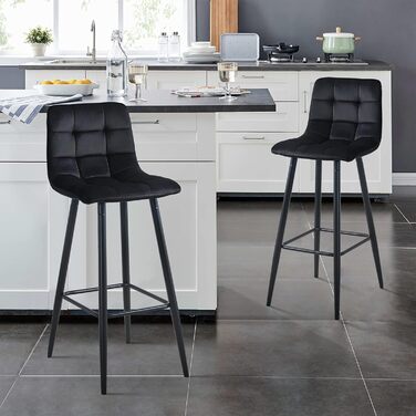 Velvet Bar Stools Set of 2 with Backrest - 66cm Seat Height - Black Kitchen Bar Stools for Countertops