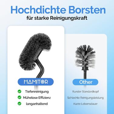 Набір для чищення унітазу HAMITOR з нержавіючої сталі: щітка для унітазу з кріпленням на стіну без свердління, для глибокого очищення під краєм, з швидковисихаючим підставкою, довга ручка, чорний, 1 шт.