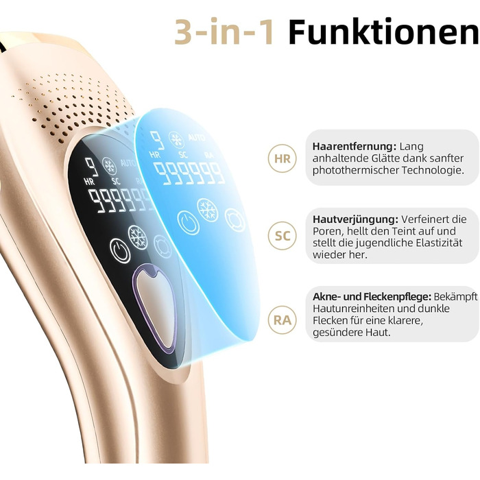 Пристрій для епіляції IPL з охолодженням 6°C, безболісна епіляція для тіла та обличчя, 999 900 імпульсів, 9 рівнів потужності, для тіла, обличчя, зони бікіні