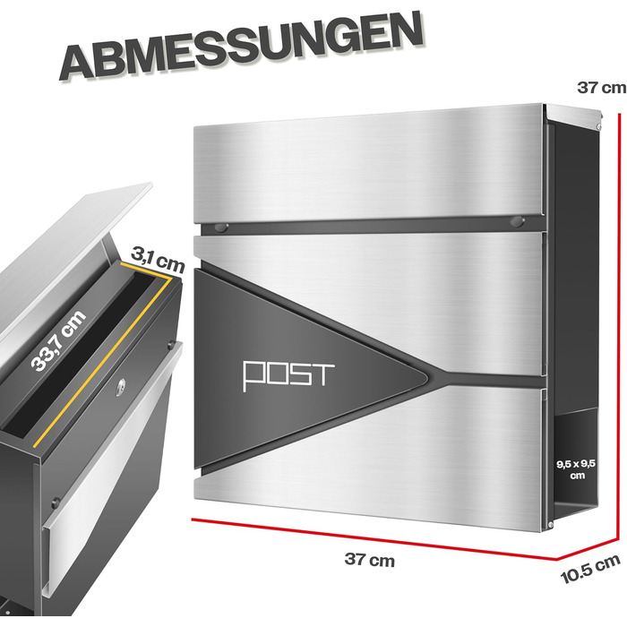Поштовий ящик KESSER з газетницею, нержавіюча сталь, сріблясто-антрацитовий, з 2 ключами, настінний, з м'яким закриттям кришки, з кріпленням