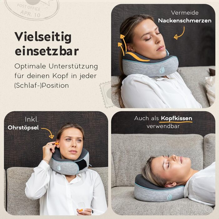 Подушка для шиї TRAVARA - Memory Foam - для подорожей літаком та автомобілем. Сіра подушка-воротник для комфортних тривалих поїздок.