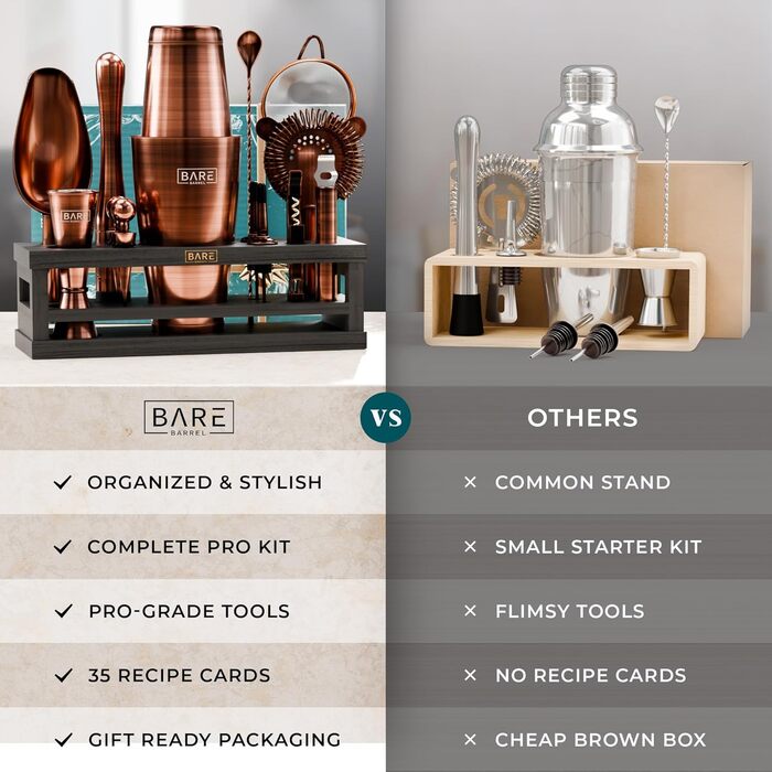 Набір бармена BARE BARREL® Mixology: 16 предметів для приготування коктейлів | Шейкер, інструменти, рецепти | Ідеальний подарунок для дому
