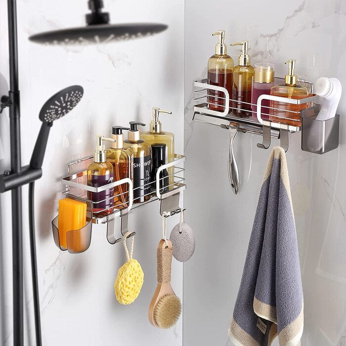Gsocel Shower Shelf with 2 Hooks, Silver