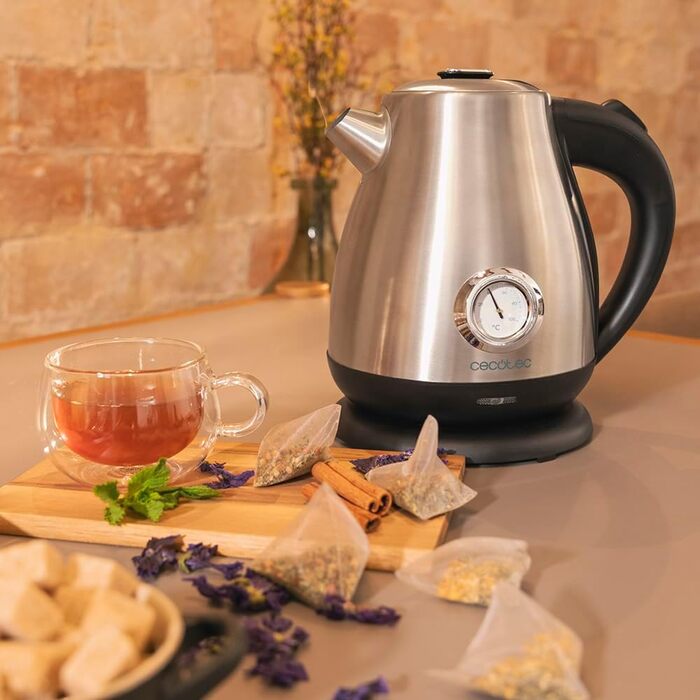 Cecotec 1.7L Retro Stainless Steel Electric Kettle with Thermosense - Fast Boiling, 360° Base, Analog Thermometer, Anti-Scale Filter, BPA-Free