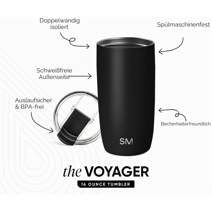 Термокухоль Simple Modern Voyager з кришкою-клапаном, ізольований сталевий стакан для кави, 470 мл, Midnight Black
