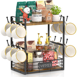EsLuker.ly 2-Tier Mug Rack Stand for Countertop, 12 Hook Mug Shelf Wall with Storage Basket, Metal Wood Mug Stand Mug Organizer for Coffee Bar Kitchen, Vintage Brown-Black