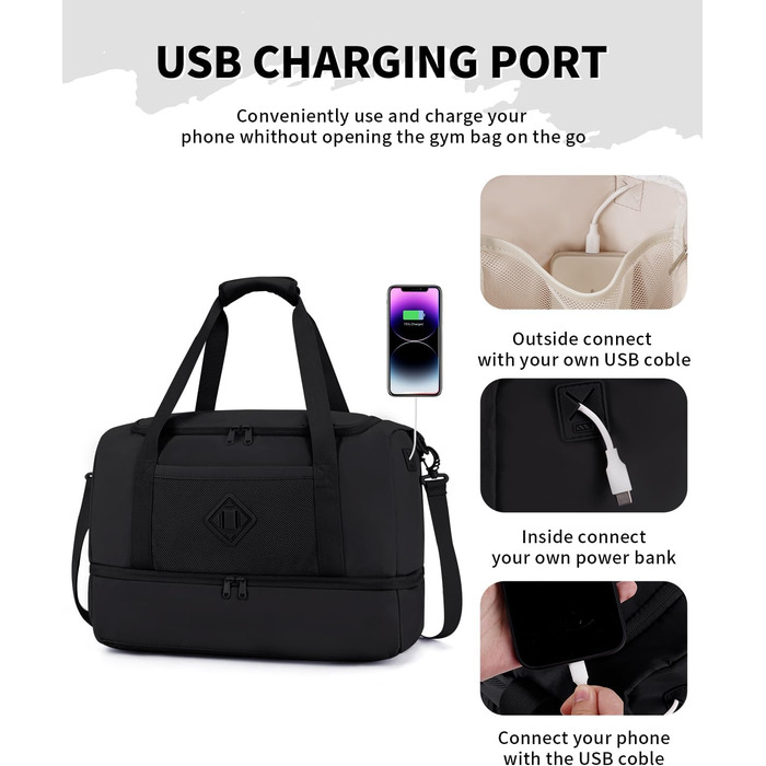 Спортивна сумка Wandf для ручної поклажі літака (45x36x20 см) з відділенням для взуття та мокрих речей, чорна