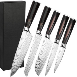 Набір кухонних ножів Gustrug 5 шт. з нержавіючої сталі, ергономічні ручки, професійний набір ножів з кухарським, хлібним, сантоку, універсальним та овочевим ножами, подарункова коробка