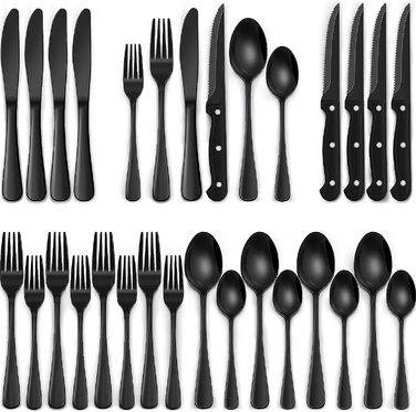 Cutlery Set 6 Persons Black, 36-Piece Stainless Steel Cutlery Set with Steak Knives, Dining Cutlery Set with Knife Fork Spoon, Elegant Tableware for Restaurant/Party, Dishwasher Safe