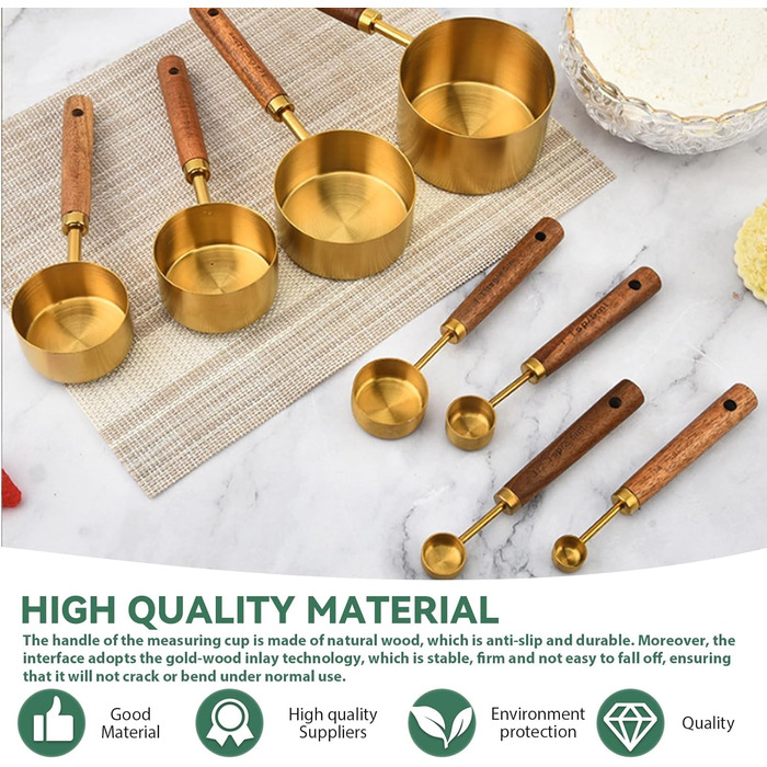 Набір мірних стаканів і ложок 8 шт, нержавіюча сталь золото з дерев'яною ручкою, метричні та американські одиниці, для приготування їжі, випічки та напоїв (60мл - 250мл)