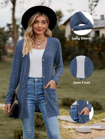 Кардиган жіночий з довгим рукавом, відкритий спереду, на ґудзиках, V-подібний виріз, легкий, з кишенями (XL, темно-синій)