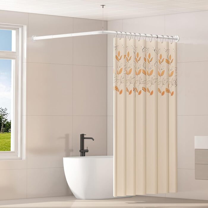 Кутова душова штанга L-подібної форми, регульована, з 12 гачками та підставкою для стелі – 99,1 см – 175,3 x 149,3 см – 215,3 см (білий)