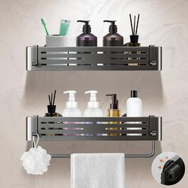 Дзеркальна поличка для душу Lekesky, 2 шт., Gunmetal Grey, алюміній, на присоску, без свердління, з 12 гачками, прямокутна