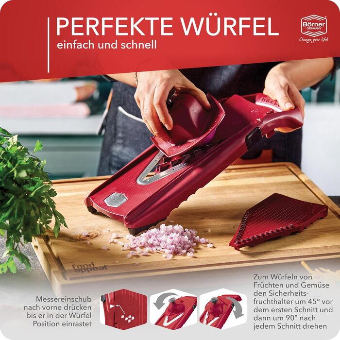 Набір Börner Gemüsehobel V5 (Profi Set): 7-частинний набір для нарізки овочів з регульованим V-подібним ножем з нержавіючої сталі, включає док-станцію. Червоний колір.