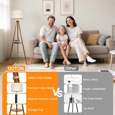 OUTON LED торшер з регулюванням яскравості, тринога, дерево з полицею, пульт дистанційного керування, 4 колірні температури, таймер на 1 годину, штатив, абажур кольору беж для вітальні, спальні, офісу (волоський горіх-золото)
