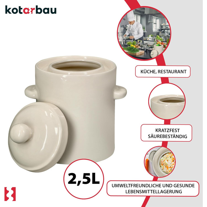 Керамічний бочонок для квашення 2,5 л KOTARBAU, білий – глечик для квашеної капусти, огірків, кімчі, ферментації, з кришкою, кам'яний горщик