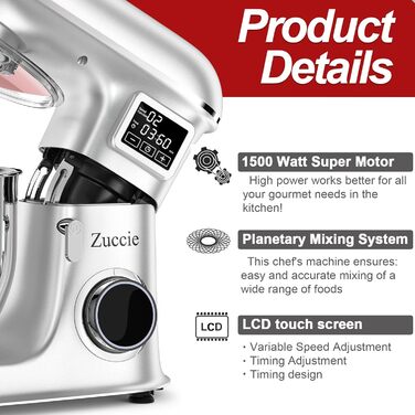 Кухонна машина Zuccie 1500W 8L з 6 швидкостями, функцією ферментації та LCD-дисплеєм (срібна)