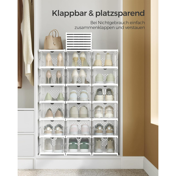 SONGMICS Shoe Cabinet 3-Piece Set, with 18 Shoe Boxes, Integrated Shoe Organizer, Foldable, Portable, for Shoe Sizes up to 46, 1-Minute Assembly, Transparent-Cloud White LSP207W01