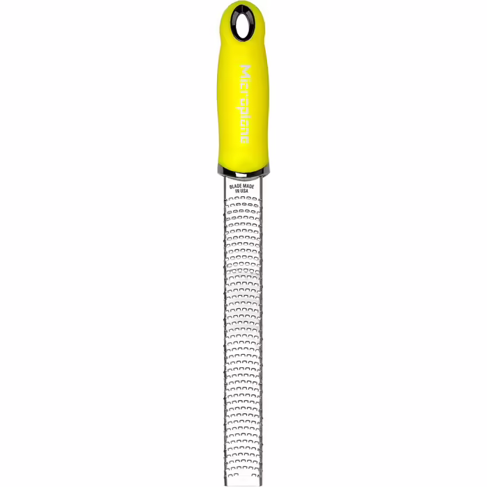 Терка Microplane для цитрусових, сиру, імбиру, шоколаду і мускатного горіха, неонова жовта, з дрібною лезом з нержавіючої сталі, виробництво США