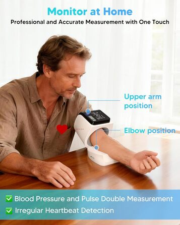 Тонометр на плече Arboleaf з великим LED-дисплеєм, вимірювання пульсу та частоти серцевих скорочень, 4x199 місця пам'яті, зарядка USB-C або AA-батареї, для домашнього використання, білий, компактний