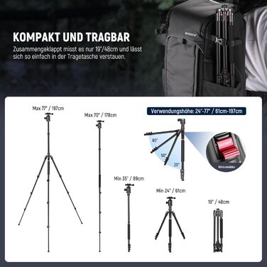 Штатив NEEWER 77' з алюмінію, монопод для DSLR та телефону, 360° кулькова головка, 2-осьова центральна колона, Arca QR пластина, сумка, портативний, вантажопідйомність 15,4 кг, TP77