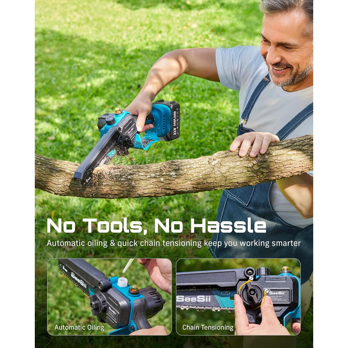 Акумуляторна міні-пила SEESII 6 дюймів (8000mAh) з автоматичною змащенням та запасним ланцюгом - для стрижки гілок та дерева
