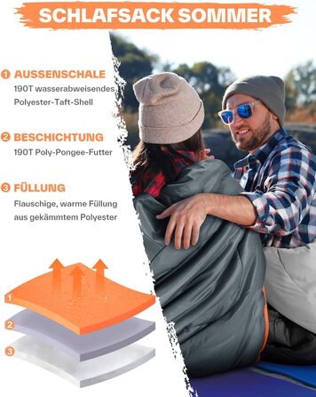 Сплячий мішок Sportneer - компактний та ультралегкий (950г/1500г) - кокон для кемпінгу, подорожей та відпочинку на природі. Підходить для чоловіків, жінок та дорослих. Односезонний/трисезонний спальний мішок (Помаранчевий, літо)