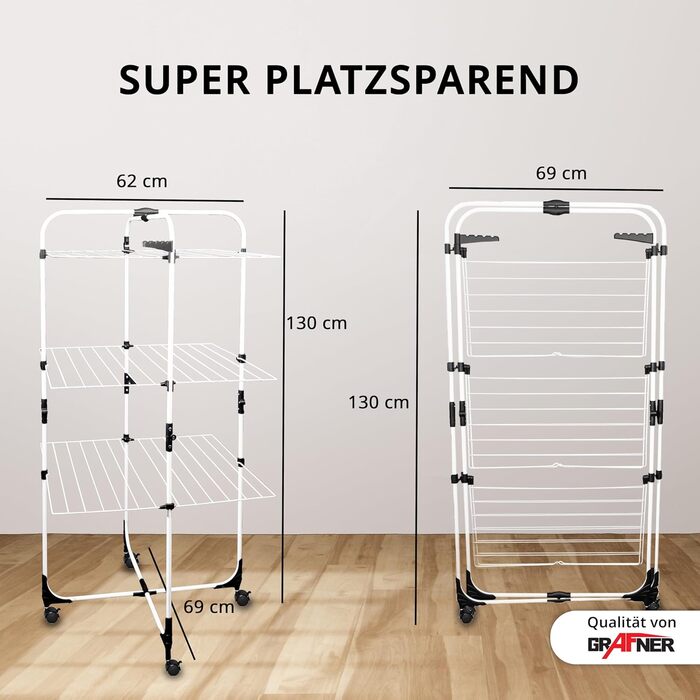 Сушарка для білизни Grafner Turm з колесами, 30 метрів мотузки, 3 яруси, 6 крил, розкладна та компактна